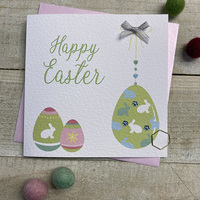 HANGING EASTER EGGS - HAPPY EASTER (BLUE WHITE BUNNIES) (EB12)
