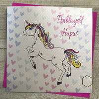 Penblwydd Hapus Unicorn and Hearts Welsh Birthday Card, (WG120)