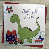 Penblwydd Hapus Green Dinosaur  Welsh Birthday Card, Handmade  (WG84)