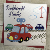 Penblwydd Hapus 1 Red Car Welsh Birthday Card, Handmade  (WGP1)