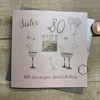 80th Birthday Card Sister Champagne Glasses Pink & Gold Sparkly Cake SS42-S80