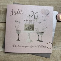 70th Birthday Card Sister Champagne Glasses Pink & Gold Sparkly Cake SS42-S70