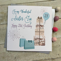 PERSONALISED PILE OF GOLD PRESSIES & TURQUOISE BAGS BIRTHDAY CARD - ANY RELATION / AGE (P22-45)