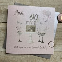 90th Birthday Card Mum Champagne Glasses Pink & Gold Sparkly Cake SS42-M90