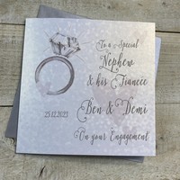 PERSONALISED ENGAGEMENT CARD. NEPHEW & FIANCÉE. RING & HEARTS DESIGN. (P22-33-NEP & XP22-33-NEP)