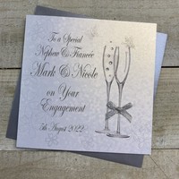 PERSONALISED ENGAGEMENT CARD. NEPHEW & FIANCÉE. CHAMPAGNE FLUTES DESIGN. (P22-34-NEP & XP22-34-NEP)