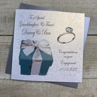 PERSONALISED ENGAGEMENT CARD. GRANDDAUGHTER & FIANCÉ. TURQUOISE BOX & RING DESIGN. (P22-35-GD & XP22-35-GD)