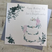 SON & DAUGHTER IN LAW CAKE & GREENERY WEDDING CARD (XVN154-SD-A)