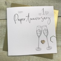 1ST PAPER ANNIVERSARY CARD - FLUTES & WOODEN HEART (S110-1)