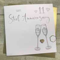 11TH STEEL ANNIVERSARY CARD - FLUTES & WOODEN HEART (S110-11)