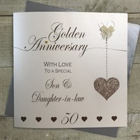 Son & Daughter-in-law Golden 50th Large Anniversary Card, Hanging Hearts Design (XLLa50S)
