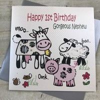 Nephew, Handmade Large 1st Birthday Card Farm Animals (XGL202-N)