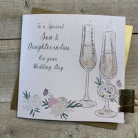 SON & DAUGHTER IN LAW WEDDING CARD - FLUTES & FLOWERS  (D22)