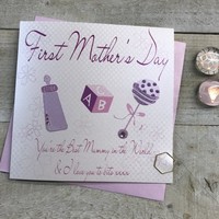 FIRST BEST MUMMY IN THE WORLD & I LOVE YOU TO BITS XXX  PINK BABY RATTLE MOTHERS DAY CARD (MB10)
