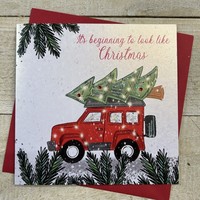 CHRISTMAS CARD - JEEP CAR CARRYING CHRISTMAS TREE (C23-12)