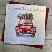 SON & HIS GIRLFRIEND - CAR CARRYING CHRISTMAS TREE CHRISTMAS CARD (C23-90)
